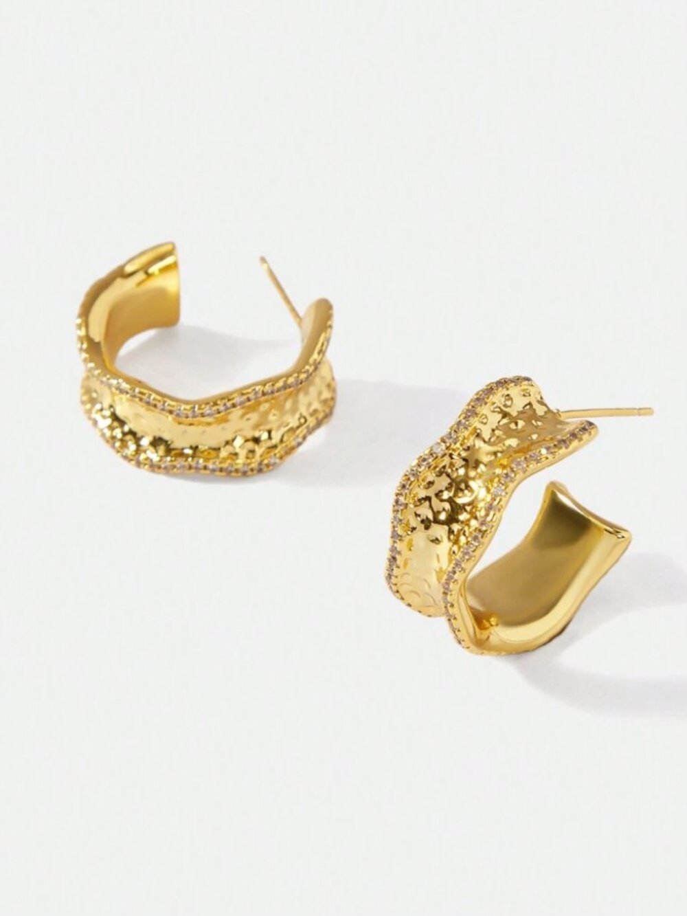 Gold Textured Hoop Earrings with Pave Crystal Trim